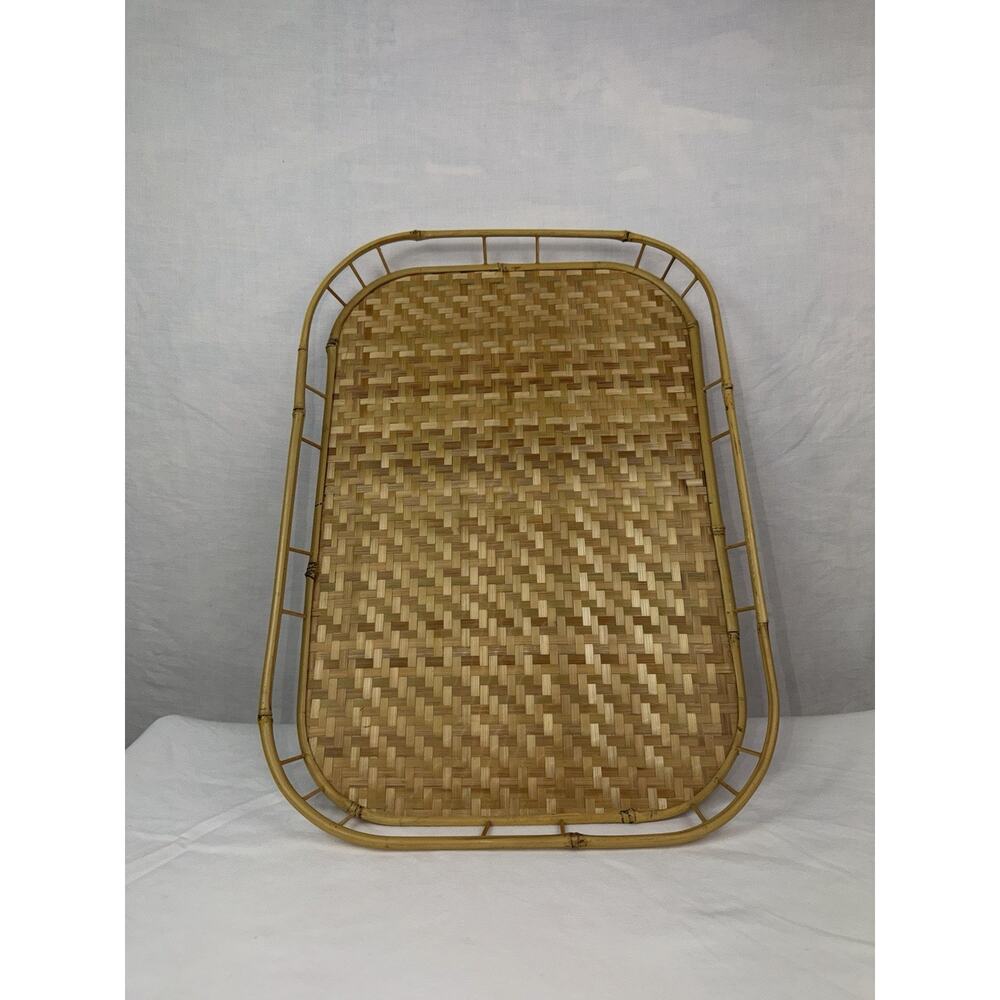 Vintage Woven Rattan Bamboo Serving Tray Rectangular Boho Wicker Breakfast Tray